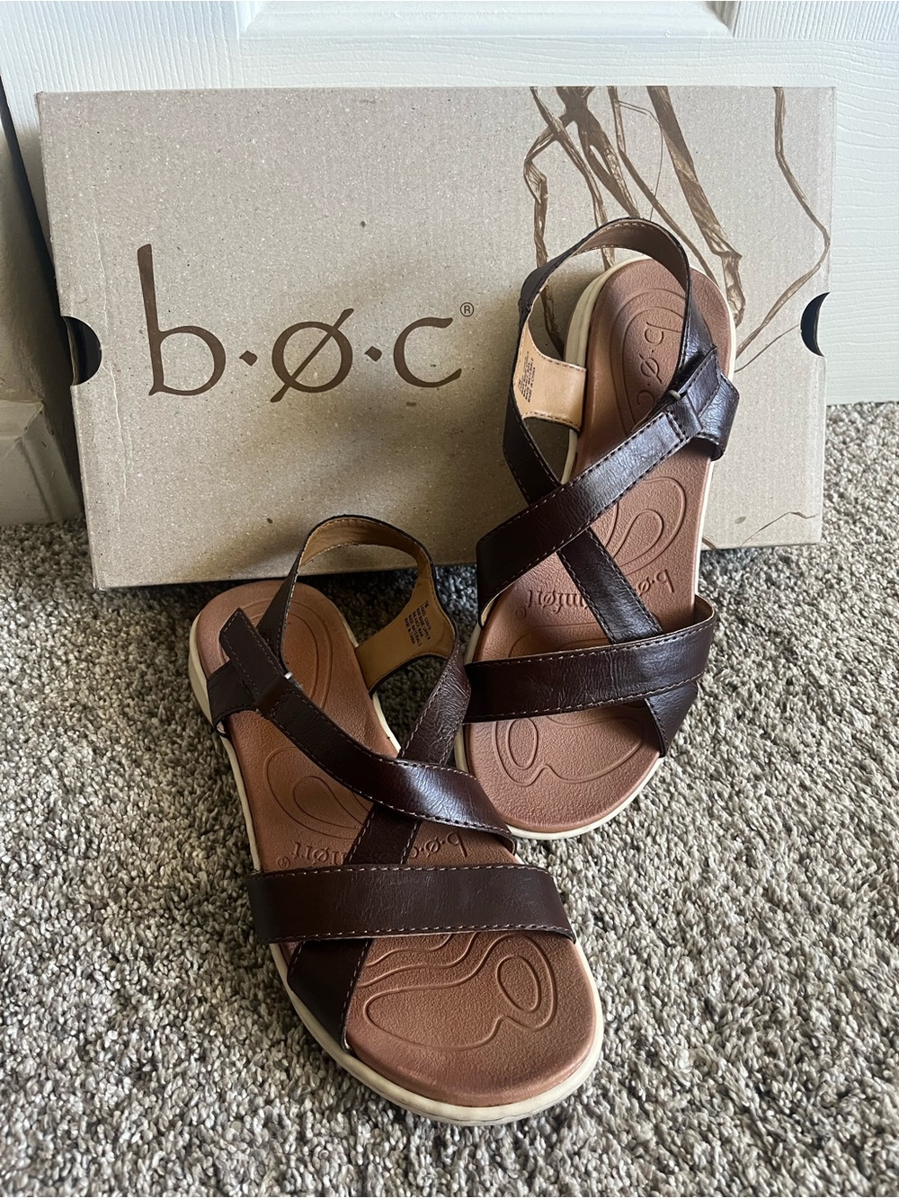 b.o.c. Dark Brown Leather Crossover Strap Sandals
